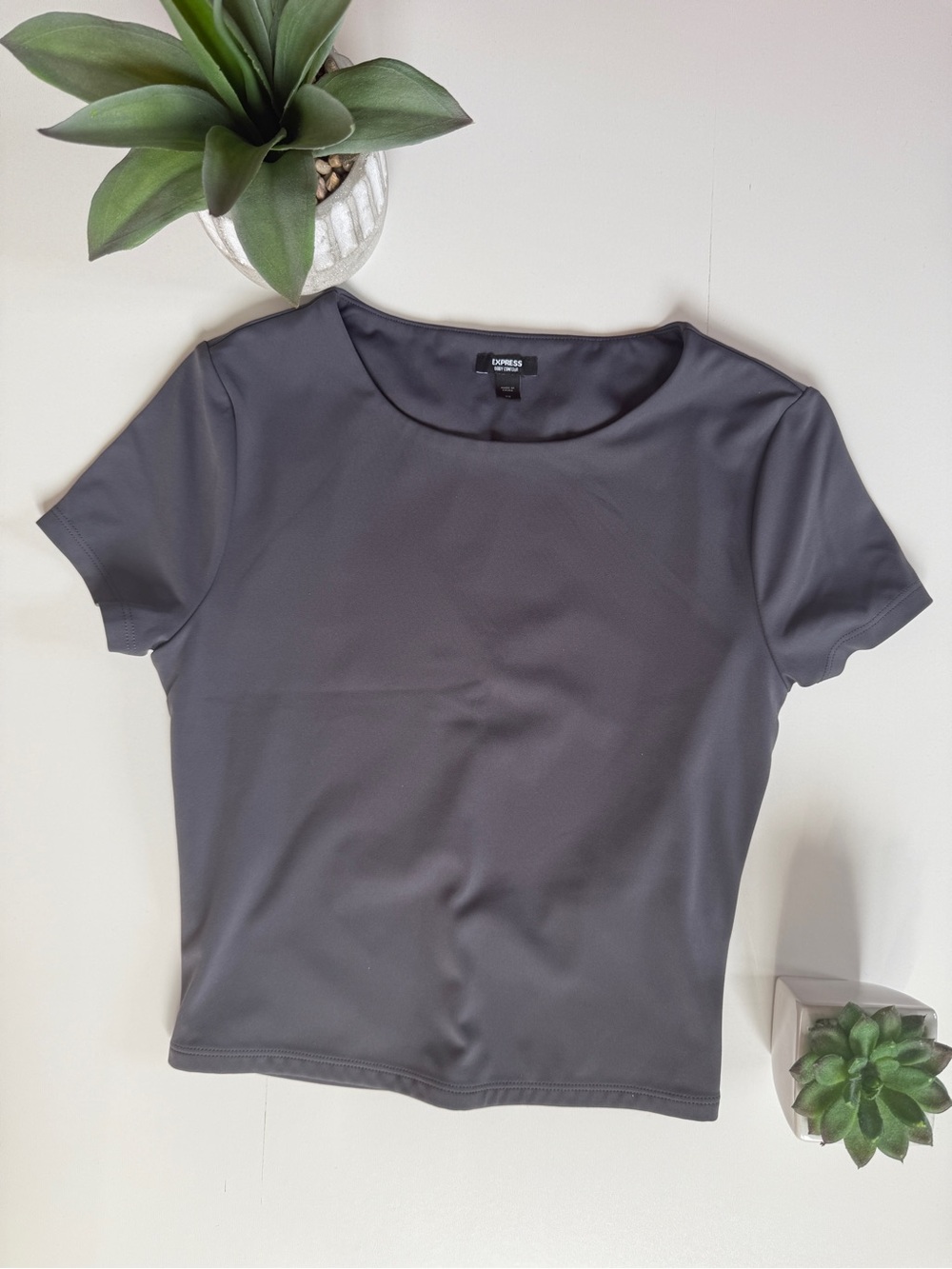 Express Charcoal Gray Body Contour Short Sleeve Cropped Top